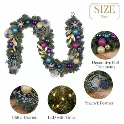 Valery Madelyn 6ft Pre-Lit Christmas Garland with Peacock Feather & Balls - color: Peacock, size: 6 feet