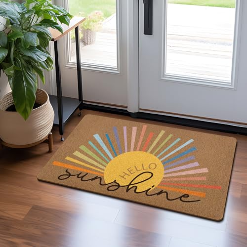Hello Sunshine Door Mat, Boho Spring Summer Welcome Mat, Sun Sunrise Sunset Coir Door Mats Outdoor Indoor Outside Entrance, Colorful Hello Sunshine Classroom Nursery Decor Doormats 17X29 Inch - color: Sunshine