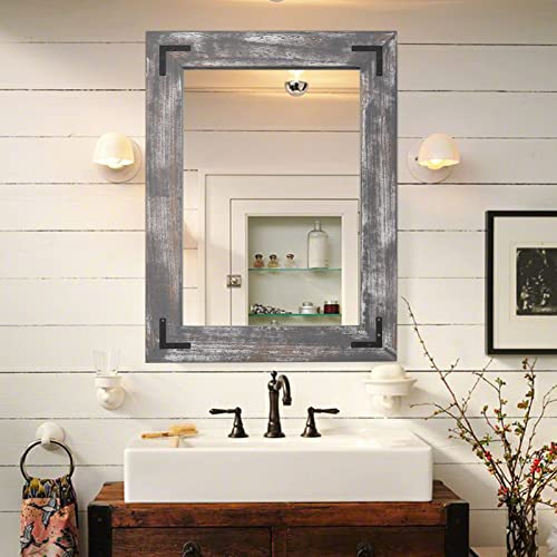 YOSHOOT Rustic Wooden Framed Wall Mirror, Natural Wood Bathroom Vanity Mirror for Farmhouse Decor, Vertical or Horizontal Hanging - color: Concrete Grey, size: 32"L x 24"W