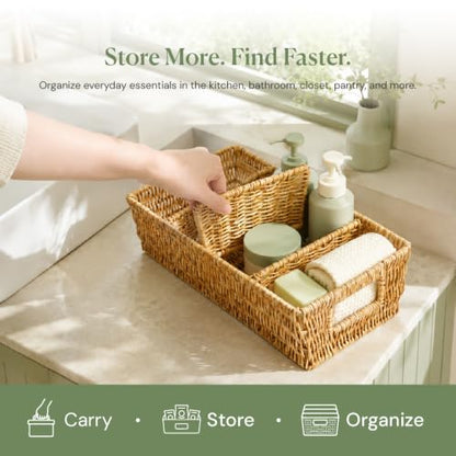 2PCS Rattan Pantry Organizer Baskets with Removable Dividers
