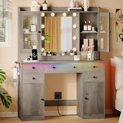 Xixini 44" Vanity Desk with Mirror & Lights, Glass Storage Cabinets, Grey - color: Grey