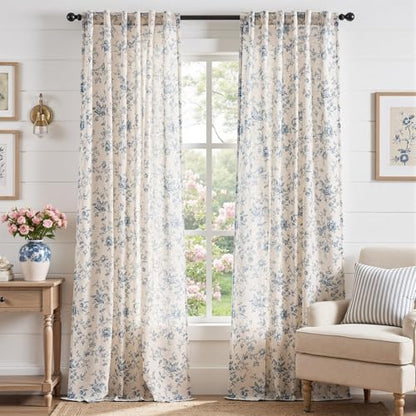 jinchan Linen Curtains 96 inch Blue Floral Farmhouse Rod Pocket 2 Panels - color: Amlie Blue, size: 50"W x 96"L (Pack of 2)
