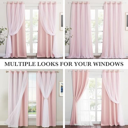 Blush Pink Blackout Curtains with White Sheer Overlay for Girls Bedroom - color: Blush Pink, size: 52"W x 63"L (Pack of 2)