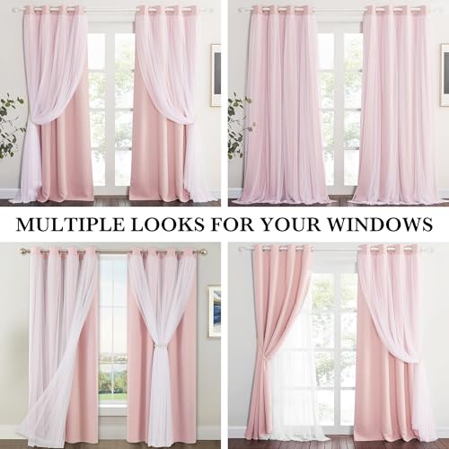 Blush Pink Blackout Curtains with White Sheer Overlay for Girls Bedroom - color: Blush Pink, size: 52"W x 72"L (Pack of 2)