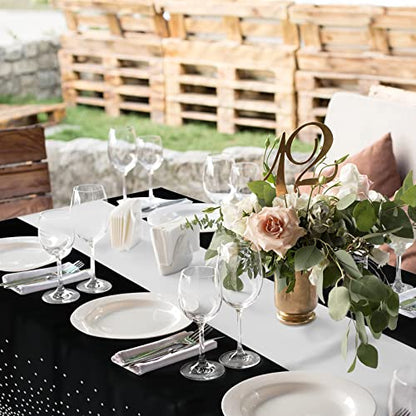 8Pack Disposable Plastic Tablecloths and Satin Table Runner Set Black and Silver Dot Tablecloth Silver Satin Table Runner for Wedding Birthday Baby Shower Anniversary Christmas New Year Party Supply - color: Black and Silver, size: 8 Pack
