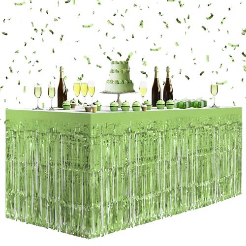 2 Pack Light Green Table Skirts, 29x108" Metallic Foil Tinsel Fringe Table Skirts for Rectangle Tables Streamer Curtains Backdrop, Party Decorations for Birthdays Weddings Holidays - color: Light Green