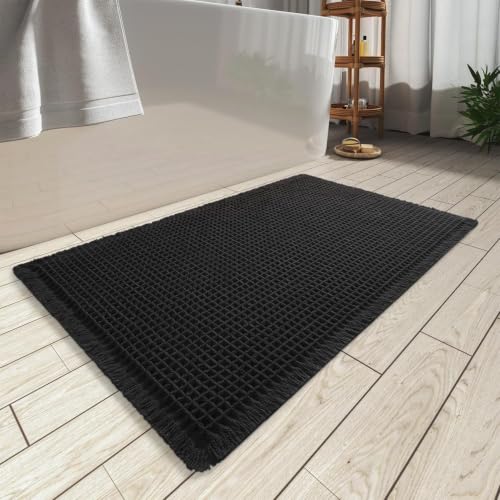 Upgraded Waffle Bath Mat Ultra Absorbent Non Slip Bathroom Mat, 24" x 36" - color: Black, size: 24" x 36"