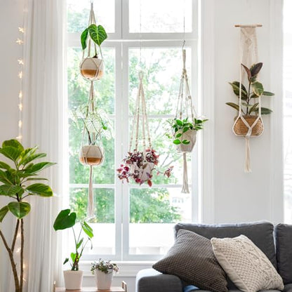 Mkono Macrame Plant Hangers Indoor Set of 4 Hanging Planter Basket Ivory - color: Ivory