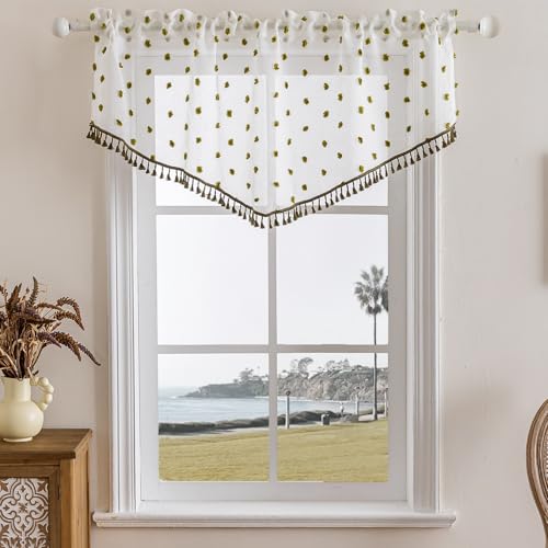 3 Pieces Boho Sheer Valances for Windows, Cute Pom Pom Rod Pocket Light Filtering Short Valance Curtains with Tassels for Nursery Kids Bedroom Bathroom Cafe (Green,55"x24") - color: Green