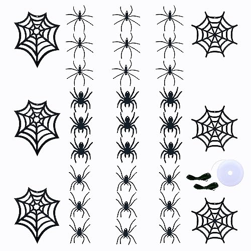 SaktopDeco 33 PCS Hanging Spider Decorations Spider Ornament Black Felt Spider Web Halloween Decorations for DIY House Decor