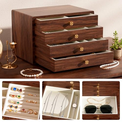 GENUINED Solid Walnut Wooden Jewelry Box with Compartments, Gifts for Women