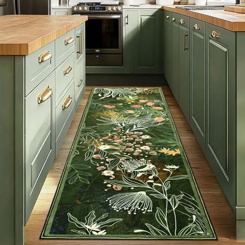 Yinhua Washable Runner Rugs for Hallway, Dark Green Botanical Area Rugs - size: 2' x 7' (Runner)