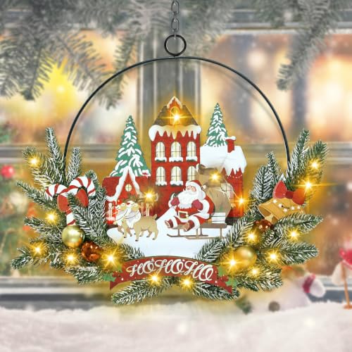 Pre-Lit Christmas Wreath for Front Door, Lighted Witch with 6H On/18H Off - color: Santa Claus-warm White
