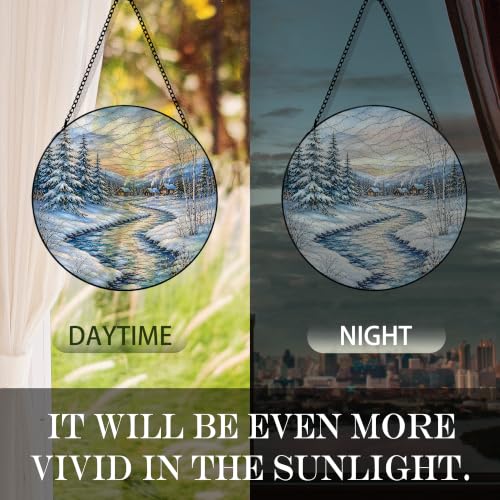 Rustic Winter River Suncatcher Stained Glass Window Hanging, Winter Snowy River Landscape Sun Catchers Indoor Window Glass Round Wall Decor, Nature Wall Art Hanging Decorations, 7.8x7.8in - color: River