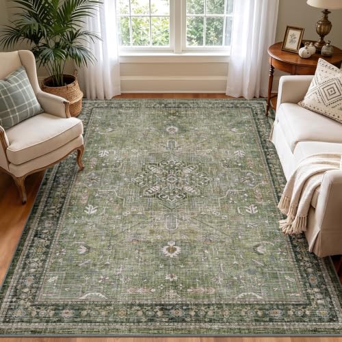 nesrt Vintage Washable 5x7 Area Rug, Dark Green Boho Low Pile Non-Slip Large Rug, Modern Traditional Neutral Floor Carpet for Living Room Bedroom Dining Room Office Farmhouse Decor - color: Vintage-green, size: 5' x 7' (Rectangular)
