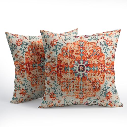Orange Blue Ethnic Boho Pillow Covers 20X20 Inch Bohemian Carpet Vintage Pillow Cases Rust Coral Floral Cotton Linen Throw Pillows Set of 2 Rustic Home Decor for Living Room Bedroom Cushion Outdoor