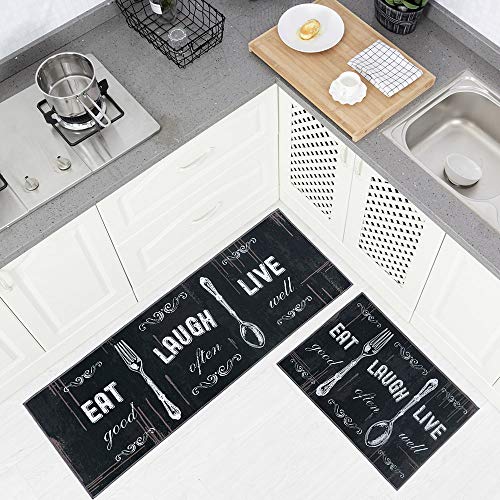 Carvapet 2 Piece Kitchen Rug Set 17x48 + 17x24 Washable Non Slip - color: Black
