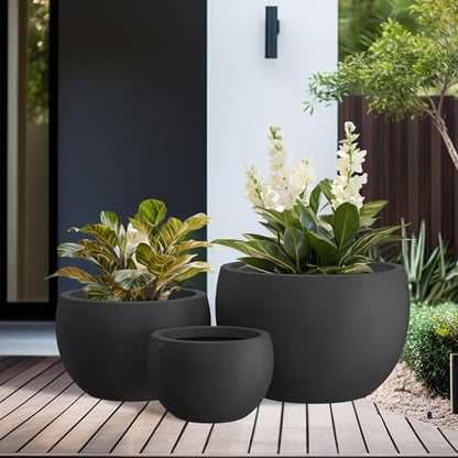 Kante Set of 3 Black Concrete Bowl Planters 20" 15.7" 11.8" Dia - color: Black, size: 19.9"D + 15.7"D + 11.8"D