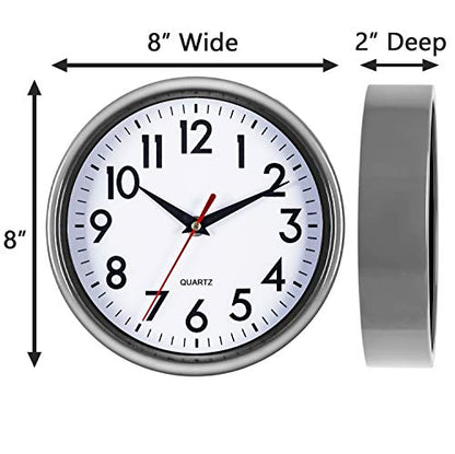 Bernhard Products Silver Wall Clock 8" Silent Non-Ticking Quality Quartz Battery Operated Clock for Home Kitchen Bedroom Bathroom Classroom Nursery Room Easy to Read - color: Silver