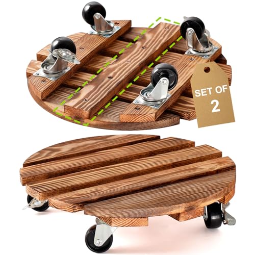 HOHY 2 Pack 12" Plant Caddy, Plant Stand with Wheels Wooden, Round