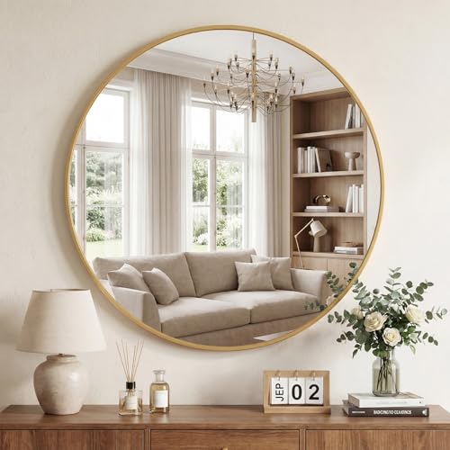 DUMOS 30 Inch Round Wall Mirror, Bathroom Mirrors for Over Sink - color: Gold-basic, size: 30"L x 30"W