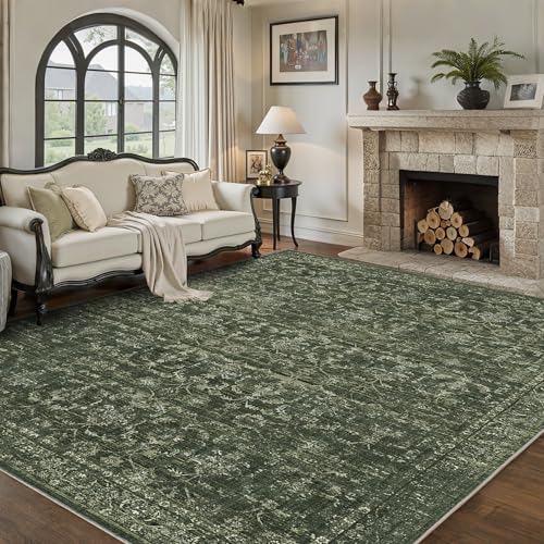 8x10 Washable Living Room Area Rug Soft Retro Dark Green Large Carpet - color: Dark Green, size: 8' x 10' (Rectangular)