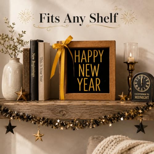 Happy New Year Sign Wall Table Tiered Tray Shelf Home Decor - color: black and gold