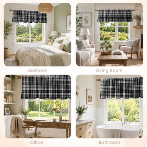 Emvency Valances for Windows, Line Ruffle Hem, 2 Pack, 52x18 Inch, Plaid - color: Black Grey