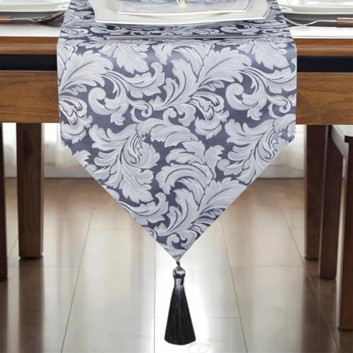 EHouseHome Jacquard Damask Reversible Blue and Grey Table Runners with Tassels 13 x 72 inch Wrinkle and Water Resistant Spill-Proof Decorative Dining and Wedding Runners - color: B&g With Tassels