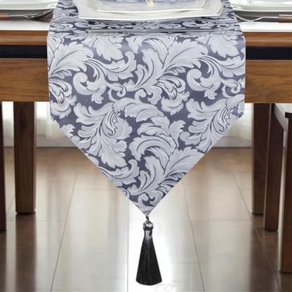 EHouseHome Jacquard Damask Reversible Blue and Grey Table Runners with Tassels 13 x 72 inch Wrinkle and Water Resistant Spill-Proof Decorative Dining and Wedding Runners - color: B&g With Tassels