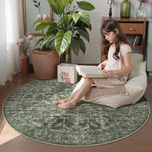 4ft Round Washable Office Rug Non-Slip Retro Dark Green Throw Carpet - color: Dark Green, size: 4' (Round)