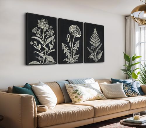 Large Framed Botanical Wall Art, Minimalist Floral Canvas Prints, 16"x24"x3 - color: black, size: 16" X 24" X 3pcs Framed