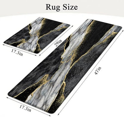 Kitchen Mats Set of 2, Cushioned Anti Fatigue Non Slip Waterproof Runner, Black Gray Marble and Golden Pattern, PVC Memory Foam for Kitchen Sink and Laundry - color: Black Marble 3