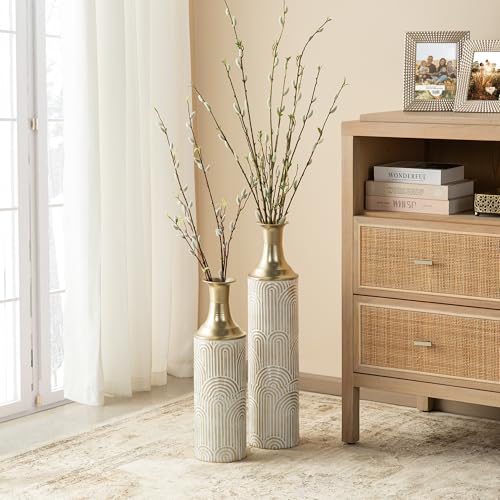 Glitzhome 26/20 Inches Metal Vases, Tall Floor Vases Set of 2 for Dried Flowers, Detachable Modern White and Gold Floor Metal Decorative Vase for Centerpiece Living Room Ground Corner Home - color: Champagne Gold