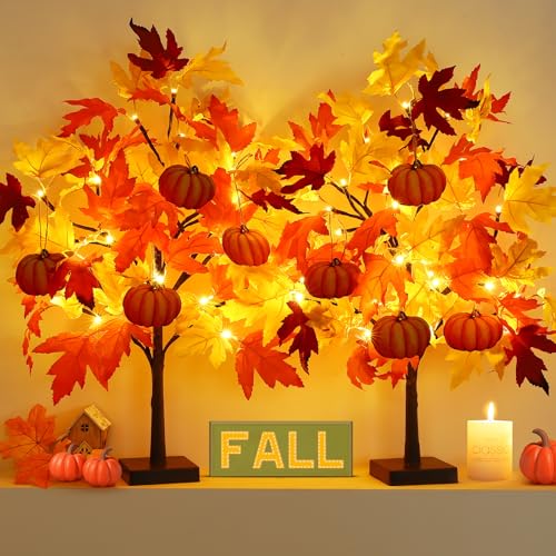 Fall Décor 2 Pack 24 Inch Fall Maple Tree with 48 LEDs Battery Operated Fall Lights with 8 PCS Pumpkin Wooden Hanging Ornaments Artificial Tree for Fall Thanksgiving Home Table Decorations