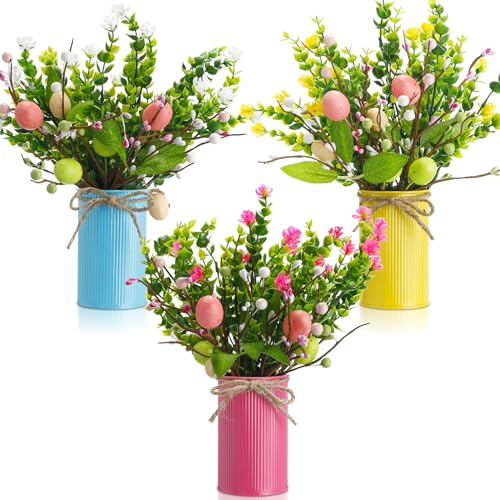Riceshoot 3 Set Easter Table Centerpiece Artificial Egg Picks with Metal Pots Easter Sprays with Eggs Berries Eucalyptus Flowers Plants for Spring Home Decor(Blue, Pink, Yellow) - color: Blue, Pink, Yellow
