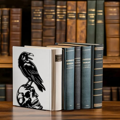 Peacoblue 5.3"x4.3"x7.4" Metal Bookends, Heavy Duty Book Ends for Shelves - style: Crow and Skull