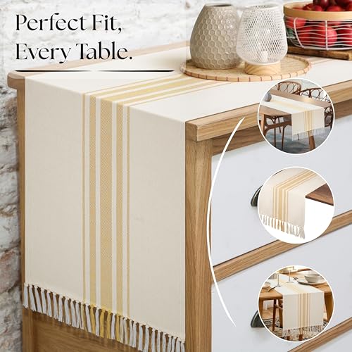 Native Fab Yellow Table Runner 108 Inches Long - Striped Table Cover with Fringes - 100% Cotton, Soft, Tight Weave, Non Slip Tablerunner for Dining, Wedding - Pale Yellow, White (14x108 inches) - color: Pale Yellow White, size: 14x108