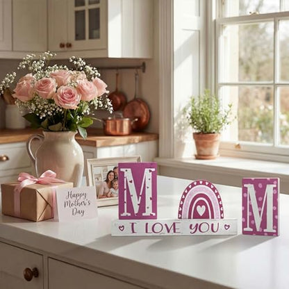 Smile 4 Pcs Wooden Decor Mother's day Indoor Decorations, Mom I Love You Heart - Shaped, Pink Table Centerpieces for Home Kitchen - style: Mom