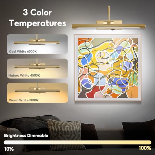 24" Wireless Battery Operated Picture Light for Wall Brass Gold Rechargeable Wall Light with Remote and Timer 9000mAh Art Light for Paintings 3CCT Dimmable Art Light for Pictures Display - color: Gold, size: 24IN