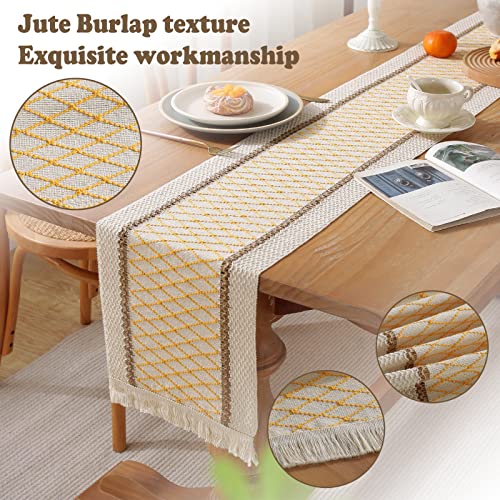 Boho Burlap Macrame Table Runner, Farmhouse Style Cotton Linen Rustic Woven Table Runner with Tassels for Dining, Wedding, Bridal Shower, Bohemian (12x108 inch, Yellow Grid) - color: Yellow Grid, size: 12x108 inch