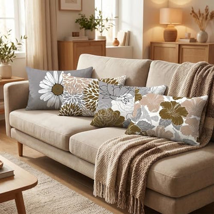 COMMINY Brown Grey Lumbar Pillow Covers 12x20 Set of 6 Floral Pillow Covers - color: Grey Brown, size: 20" x 12" (Pack of 6)