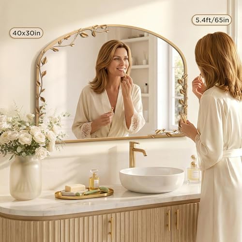 Besdomus Ornate Arched Wall Mirror: 40"x30" Large Gold Fireplace Mirror - size: 40"L x 30"W
