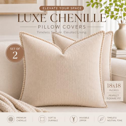 Decorative Throw Pillow Covers 18x18Inch, Pack of 2 Beige - color: Chenille-white