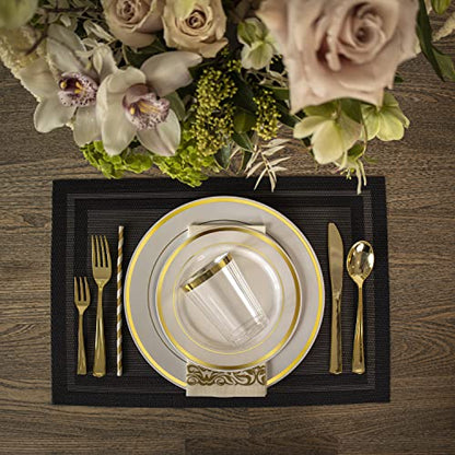 Neatiffy 225 Pcs Gold Rim Plastic Dinnerware Set (25 Guest) | 25 x (Dinner Plate, Dessert Plate, Gold Plastic Silverware, Cup, Napkin, Straw) | For Wedding, Luxurious Party, Special Event - color: Gold