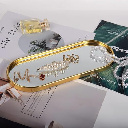 Feyarl Gold Mirrored Jewelry Trinket Tray Vanit Little Ring Earings Organizer Ornate Cosmetic Perfume Tray Display Decorative Coffee Table Tray for Home Decor Dinning Room Dresser Tabletop