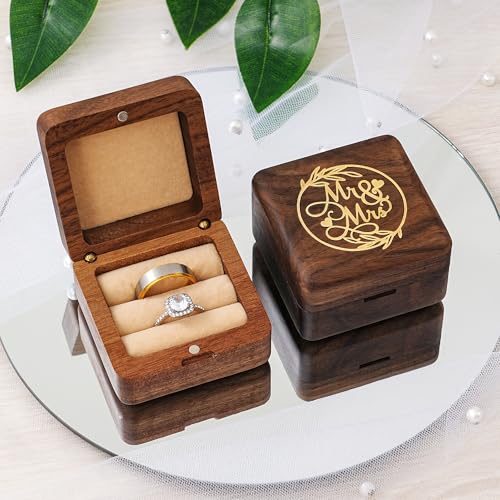 KWOOD Custom Wooden Wedding Ring Box for 2 Rings, Engraved Mr & Mrs Double Ring Holder for Wedding Ceremony Ring Bearer Box Anniversary Birthday Gift Ideas - style: G-Mr & Mrs