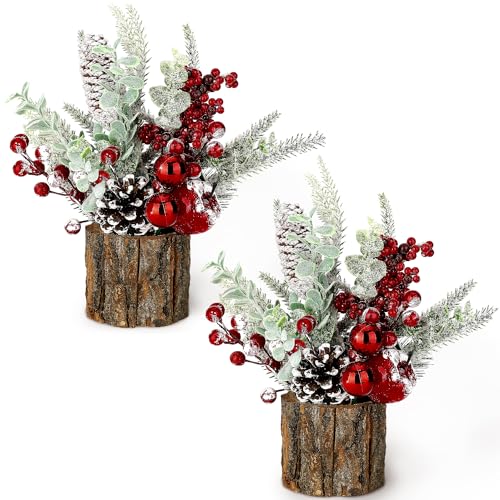 Small Christmas Tree Tabletop Artificial Mini Christmas Tree Decorations with Holiday Ornaments Red Berry Pine Cone Greenery for Home Indoor Fireplace Mantel Xmas Decor (2pcs -Tree Stump-Red) - color: 2pcs -Tree Stump-red