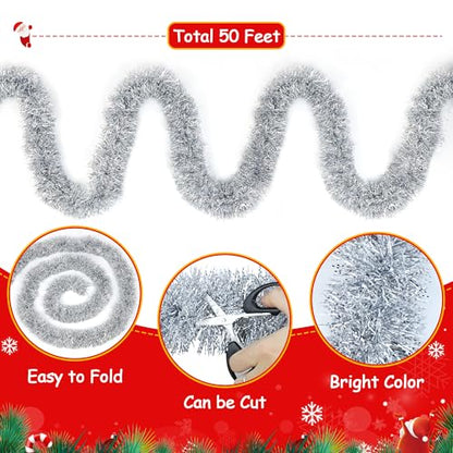 50FT Silver Christmas Tinsel Garland Christmas Tree Decoration - color: Silver White