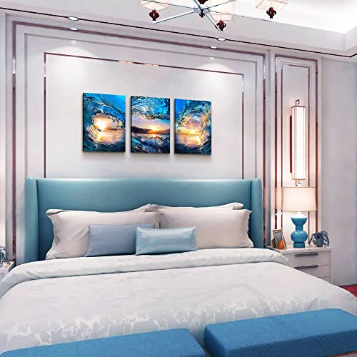 DZRWUBHS Canvas Wall Art For Living Room Bedroom Office - Blue Sea View Sunrise Ocean Waves - 3 Piece Set - 16" X 24" Large Size - color: Ocean Waves Paintings, size: 16x24inches*3pcs